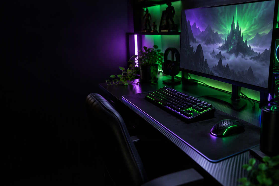 Dark gaming desk with a keyboard cable routed along the rear edge, leaving the mouse area open.