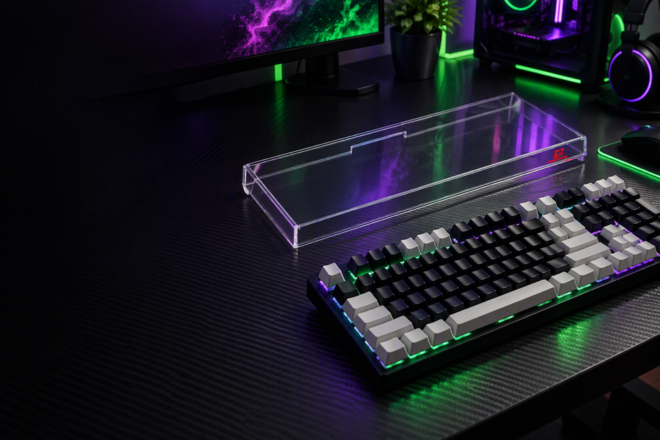 Clear acrylic keyboard dust cover beside a keyboard on a dark gaming desk