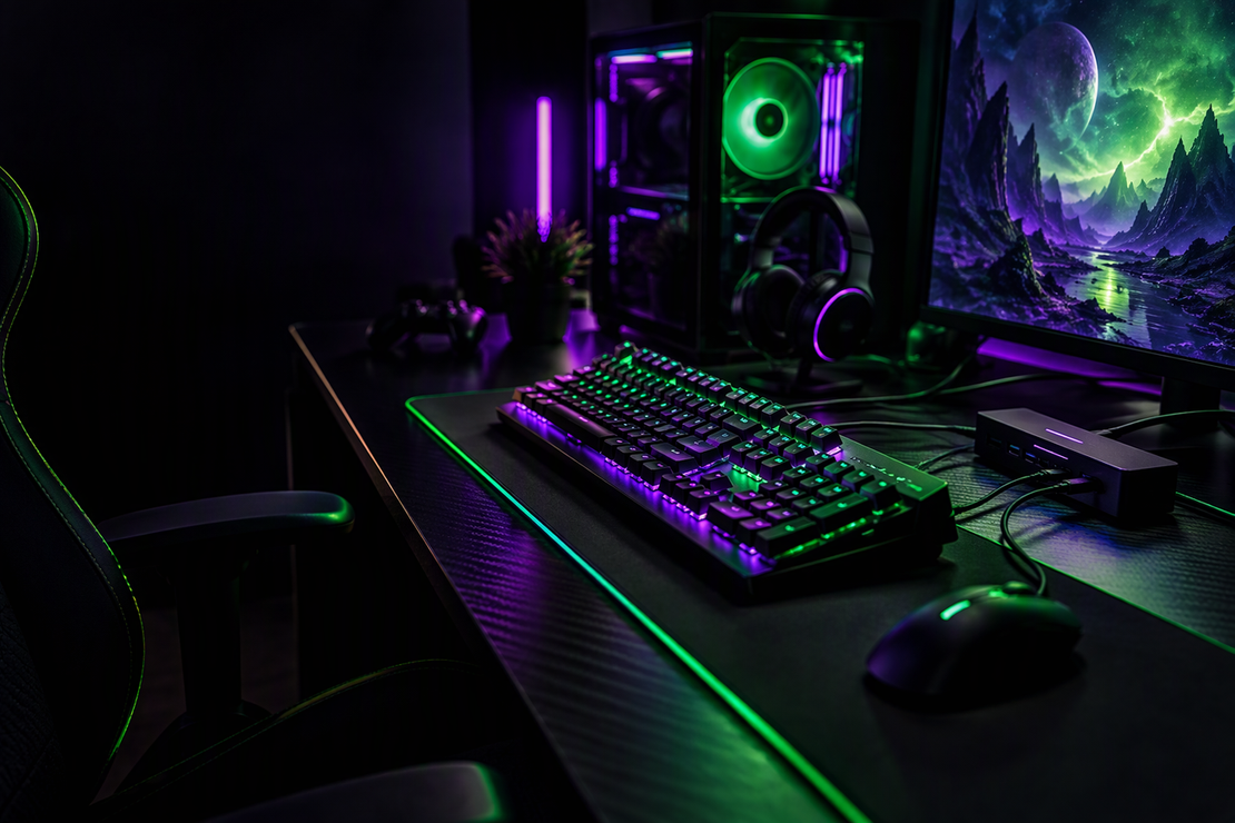 RGB-lit keyboard on a carbon-fiber gaming desk beside a USB hub and PC, with dark negative space on the left