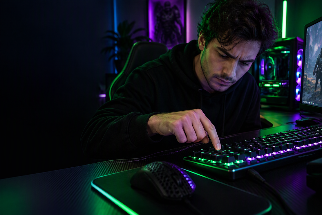 Hands testing a mechanical gaming keyboard on a carbon-fiber desk in a dark room lit with neon green and purple RGB accents, with uncluttered dark space at left.