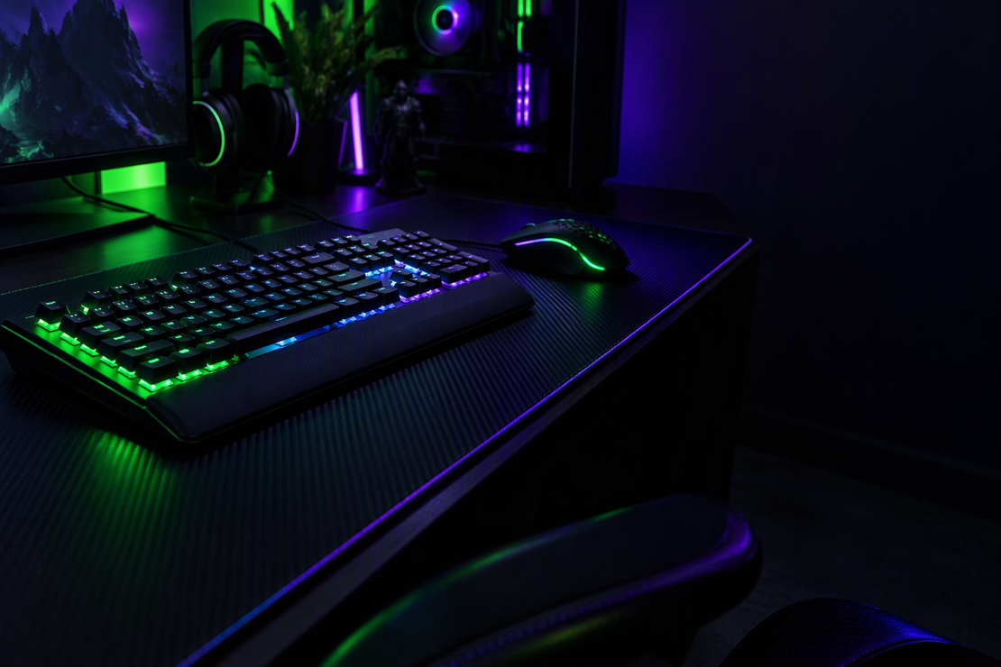 A gaming keyboard and mouse on a neon-lit desk in a dark gaming setup.