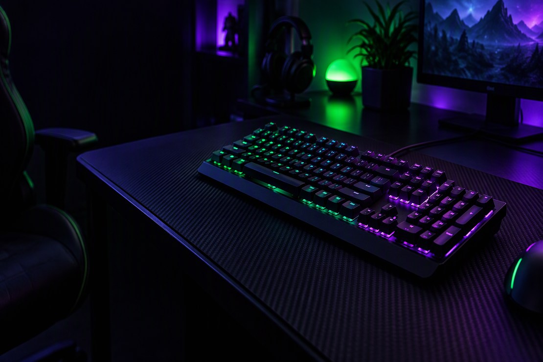 A gaming keyboard resting on a desk mat in a dark esports setup with neon lighting.