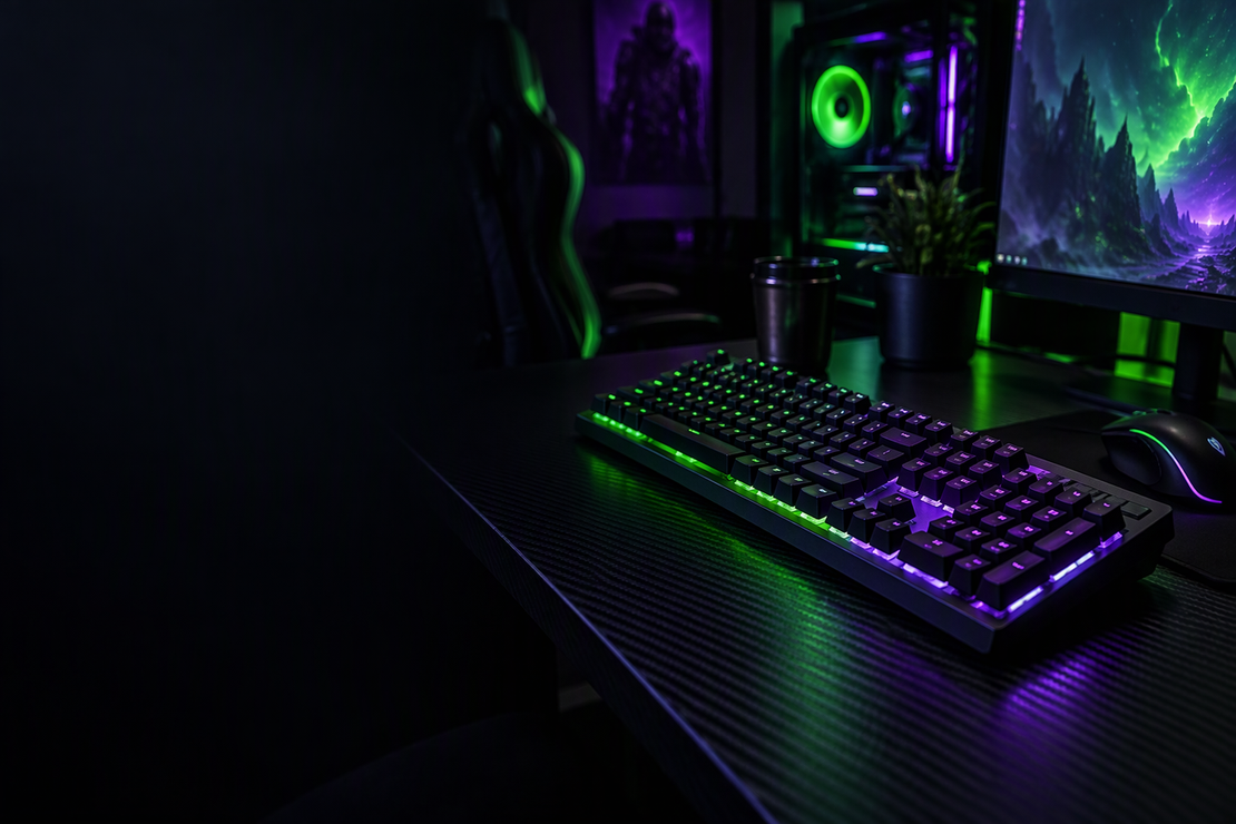 Unbranded RGB gaming keyboard on a carbon-fiber desk in a dark gaming room.
