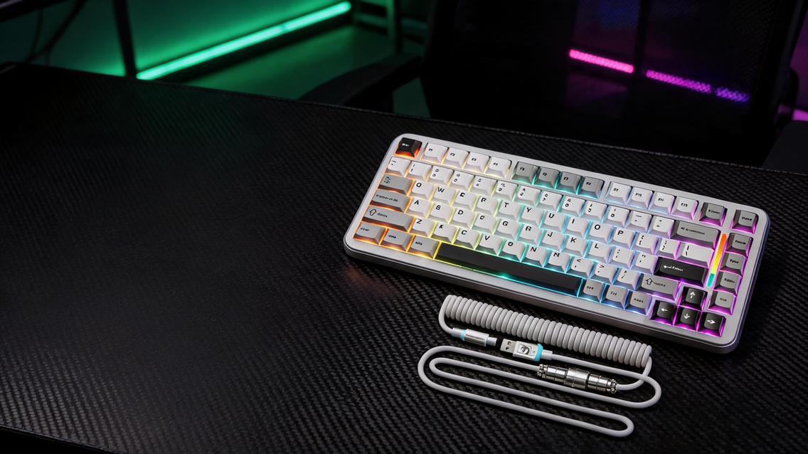 MAMBASNAKE M82 HE Hall Effect gaming keyboard with RGB lighting on a carbon-fiber desk in a dark neon gaming setup