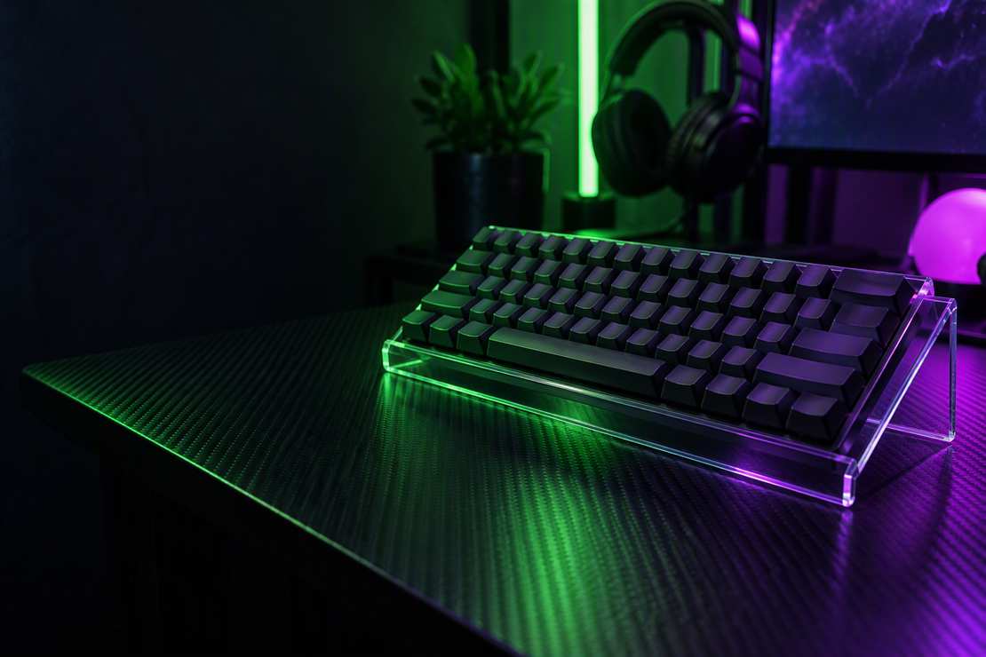 A compact keyboard resting on an inclined stand on a dark gaming desk.