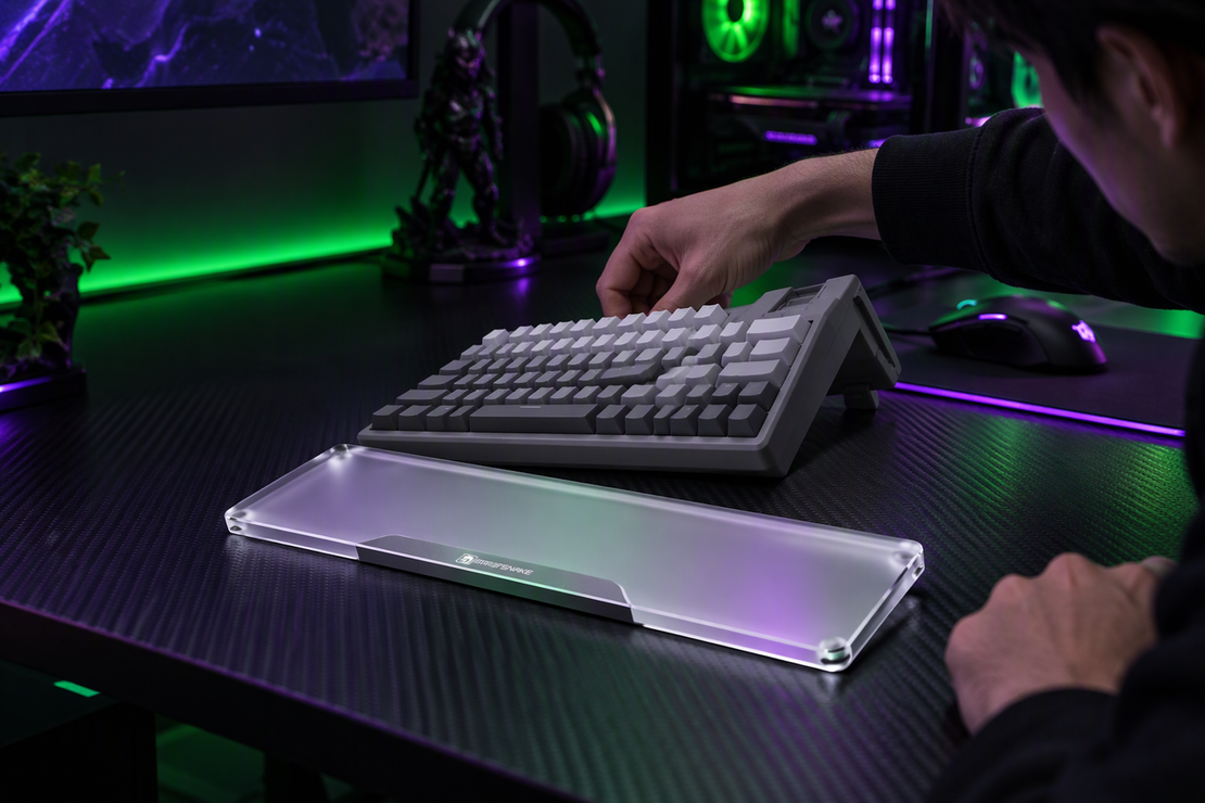 A person adjusts the raised rear feet of a TKL keyboard beside a translucent acrylic wrist rest on a neon-lit gaming desk.