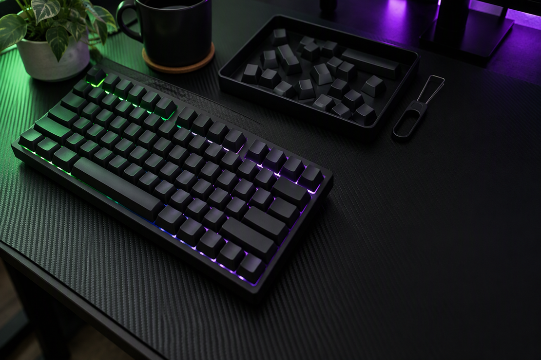 An unbranded gaming keyboard rests beside detached keycaps kept separate on a dark, RGB-lit desk.