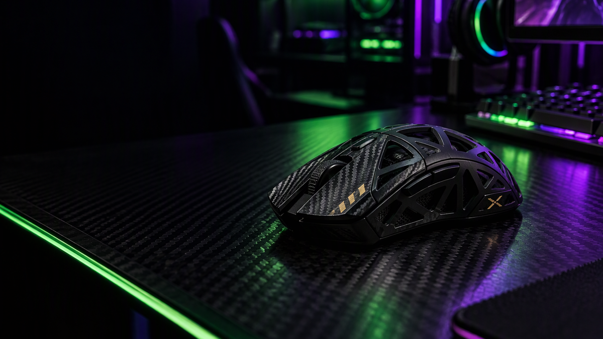 MAMBASNAKE M5 Ultra carbon-fiber wireless gaming mouse on a carbon-fiber desk in a dark esports room with saturated neon green and purple lighting