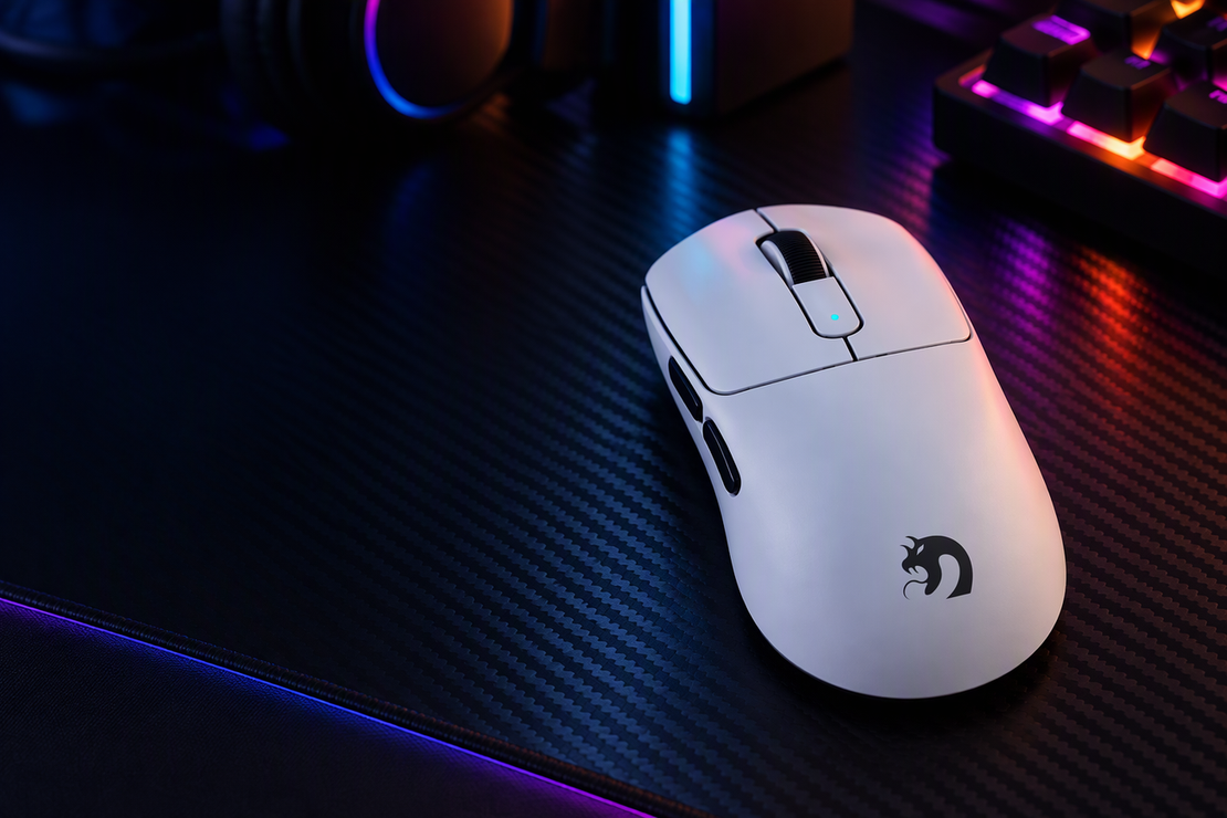 White MAMBASNAKE M3 wireless gaming mouse on a carbon-fiber desk in a dark esports room with purple and neon-green lighting and open dark space at left.