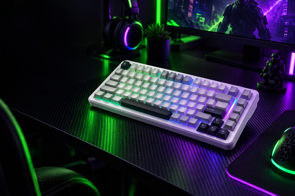 MAMBASNAKE M82 HE 75% Hall-effect gaming keyboard on a carbon-fiber desk in a dark esports setup