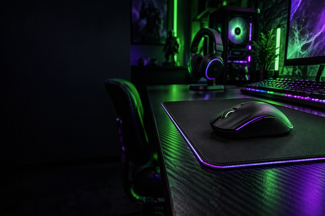 Unbranded gaming mouse resting on a mouse pad in a dark, RGB-lit gaming setup.