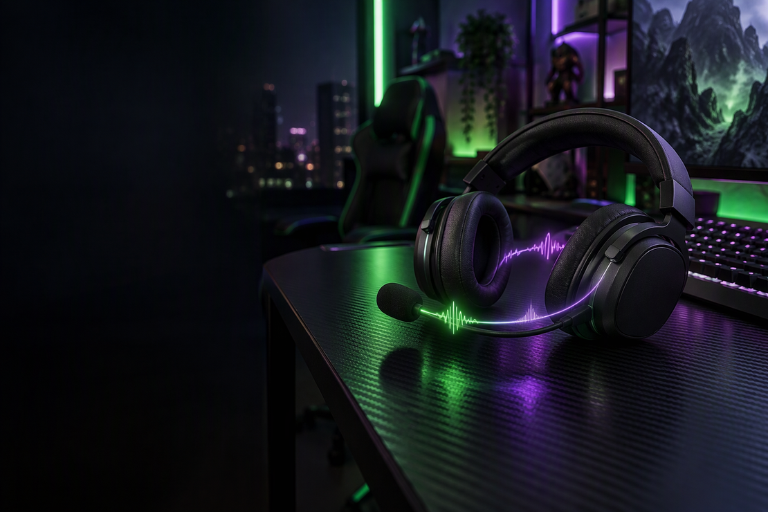 Unbranded over-ear gaming headset with a boom microphone resting on a carbon-fiber desk, with a subtle neon trace looping from the mic toward an ear cup.