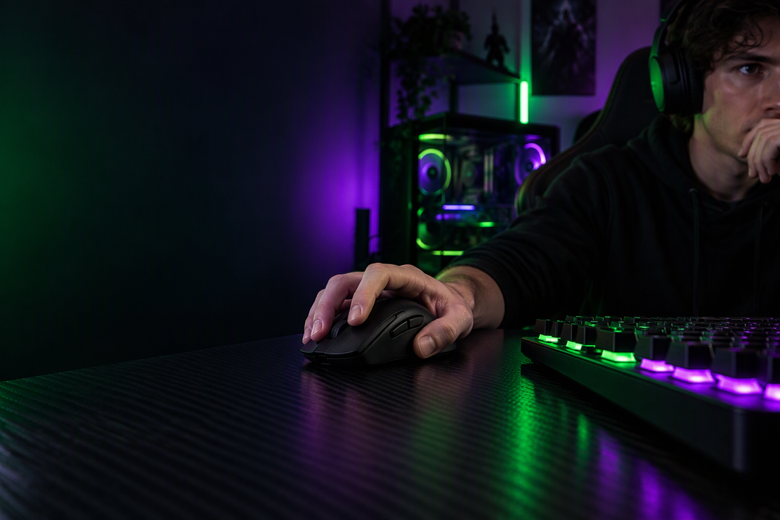 A gamer’s hand rests on a side-button gaming mouse at a neon-lit desk.
