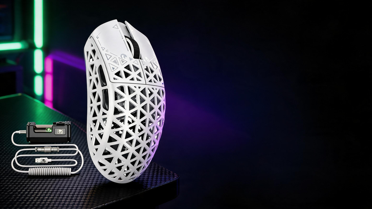 MAMBASNAKE M5 Ultra carbon-fiber wireless gaming mouse with its receiver and coiled cable on a neon-lit esports desk