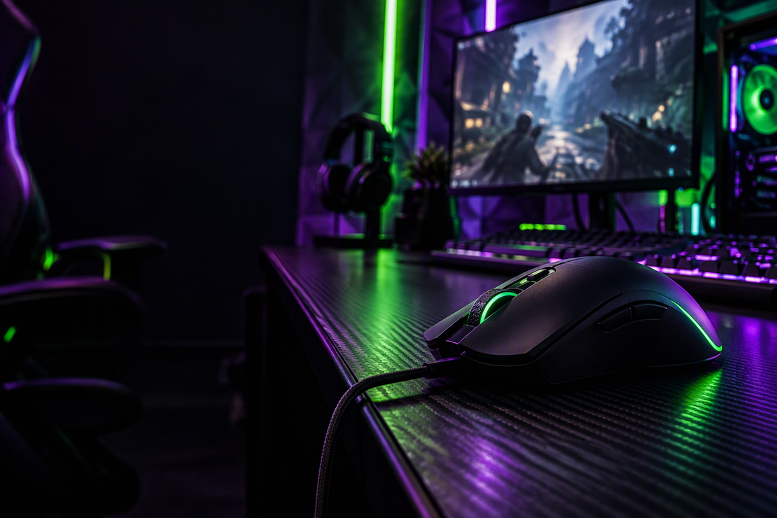 An unbranded gaming mouse on a carbon-fiber desk in a dark esports setup, with a game on the monitor.