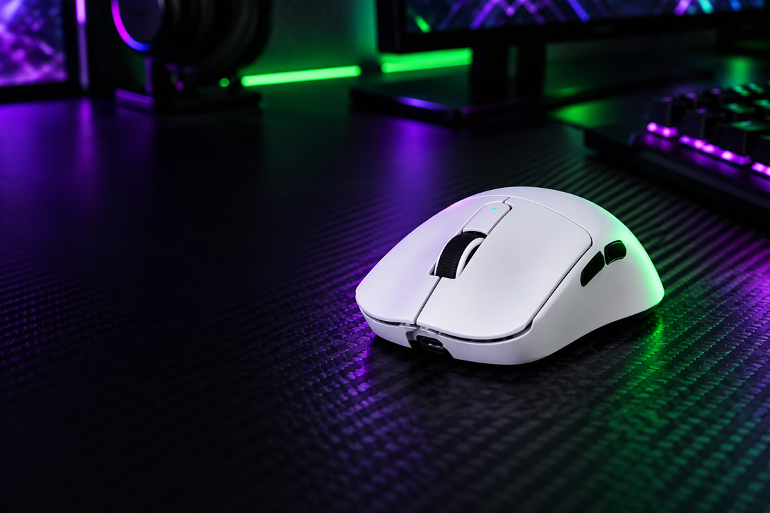 A white-and-black MAMBASNAKE M3 gaming mouse on a carbon-fiber desk in a dark esports setup with neon green and purple lighting.