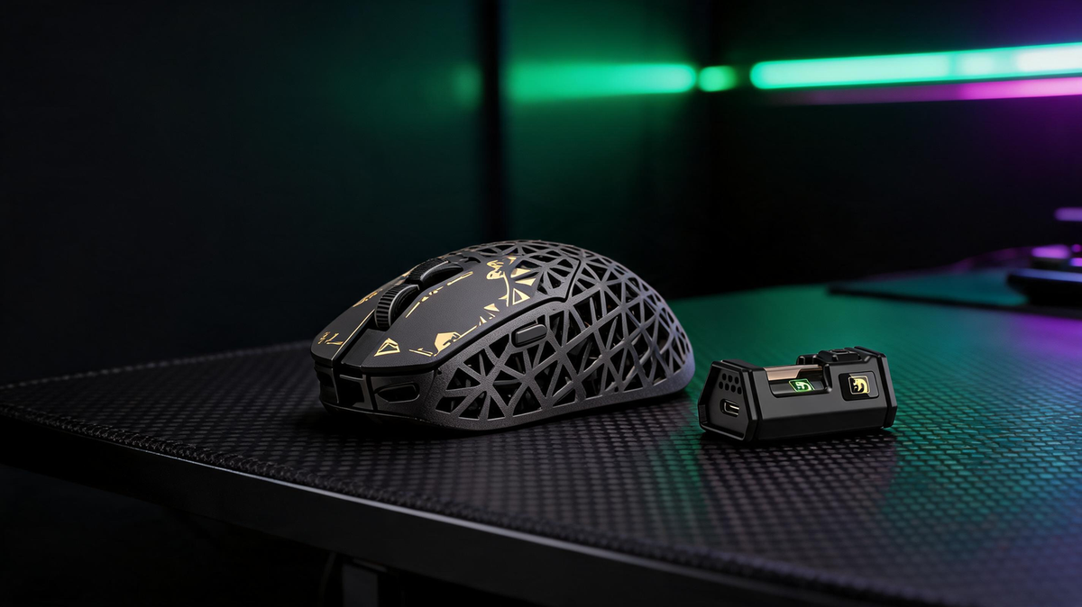 Black carbon-fiber wireless gaming mouse on a high-contrast RGB-lit esports desk, with dark negative space on the left for the article title