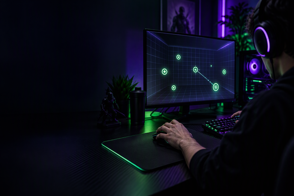 Gamer tests mouse aim on a target grid at a neon-lit carbon-fiber desk, with dark space on the left for a headline.