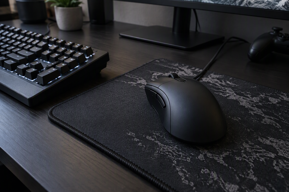 Gaming mouse resting on a textured mousepad in a dark gaming setup.