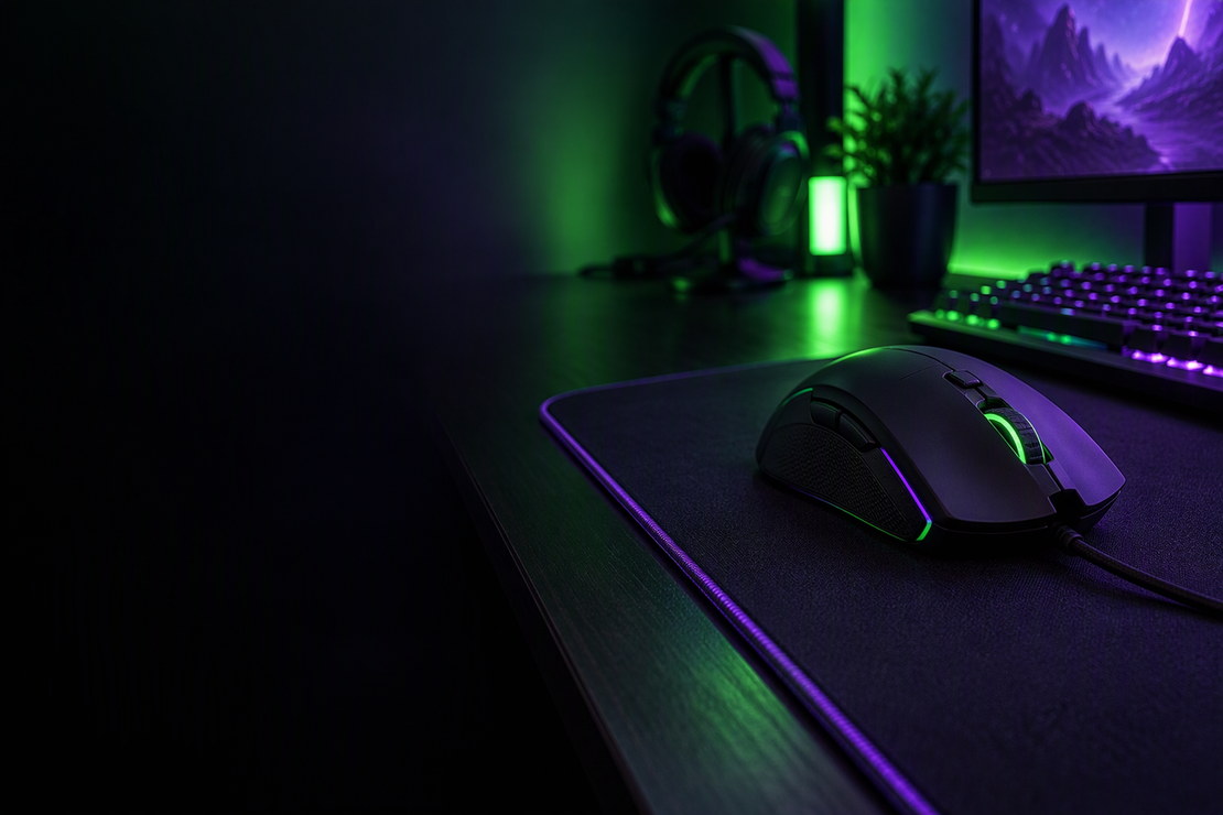 A gaming mouse resting on a mouse pad at a neon-lit gaming desk.