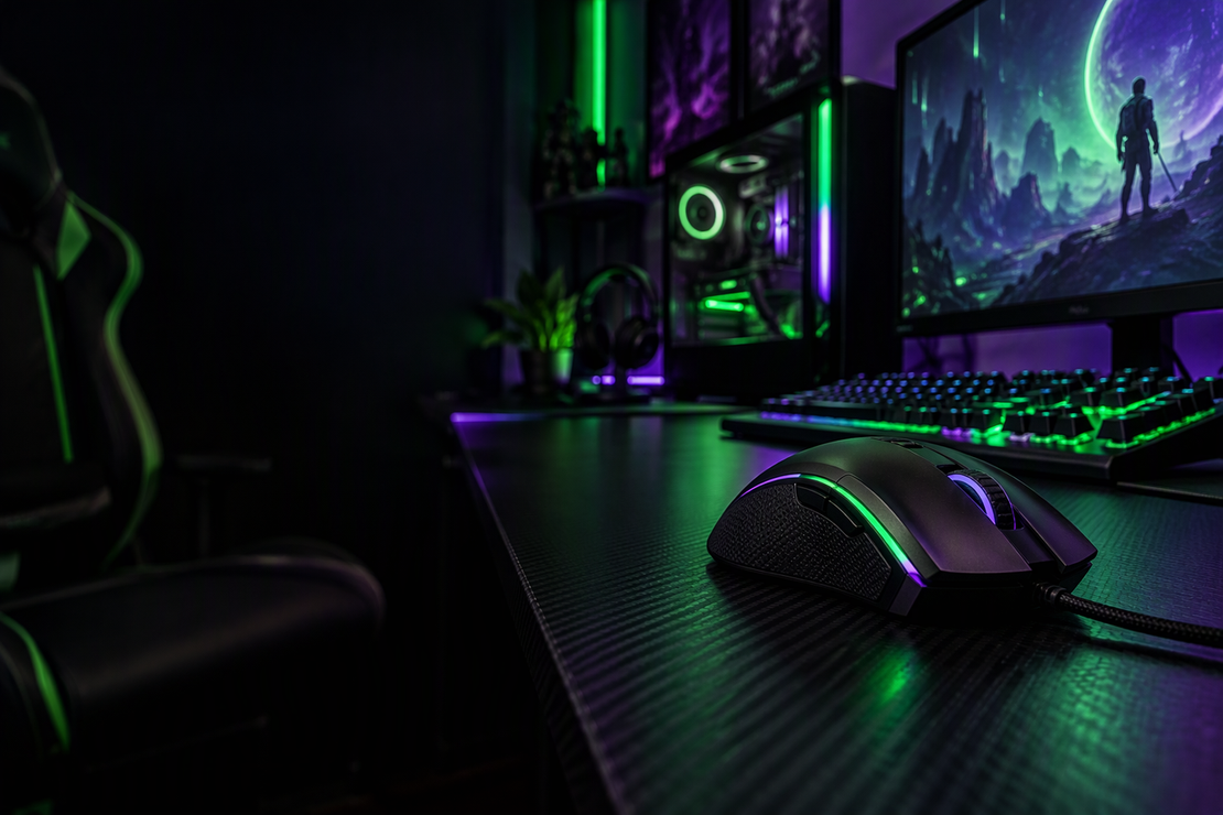 Unbranded gaming mouse and monitor on a neon-lit desk in a dark gaming setup.