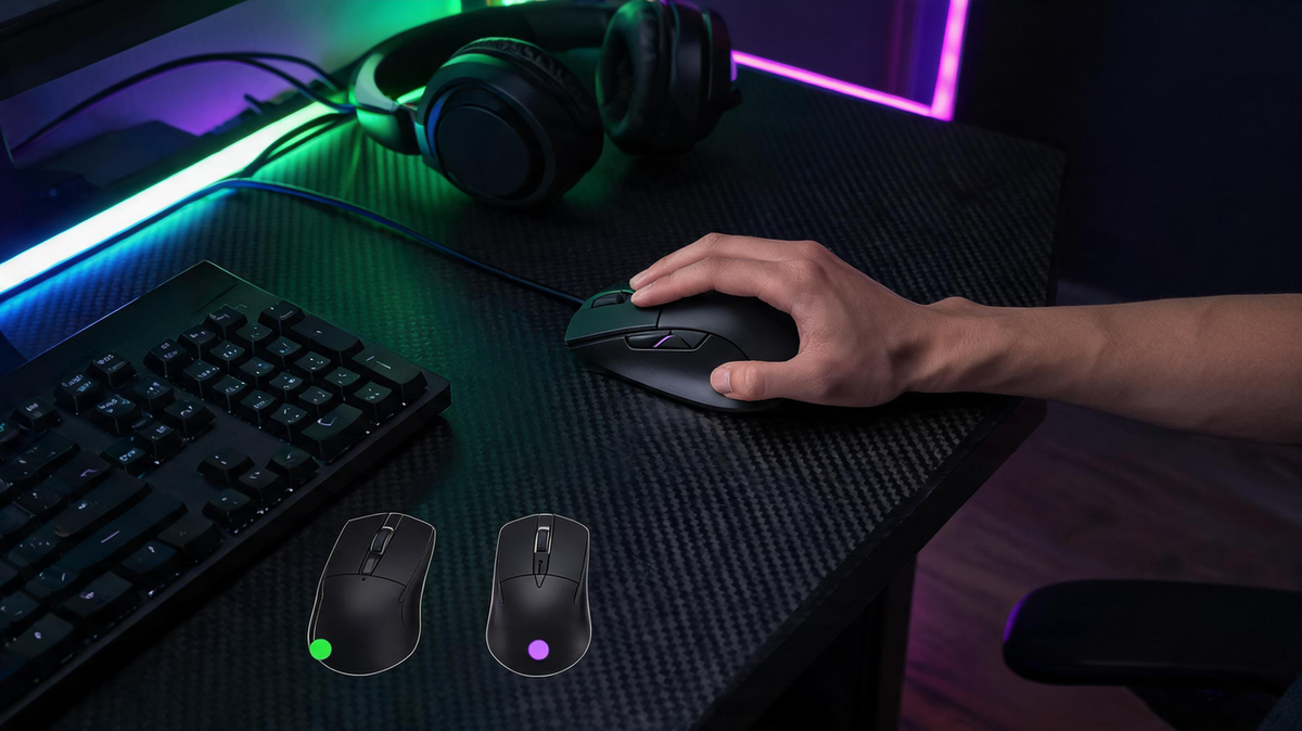 Unbranded gaming mouse and hand on a carbon-fiber desk, illustrating how forward and centered sensor positions change the tracking reference during wrist rotation