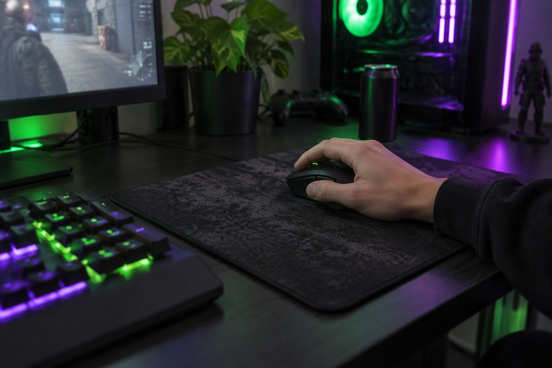 A player uses a gaming mouse on a textured mouse pad in a dark RGB-lit gaming setup.