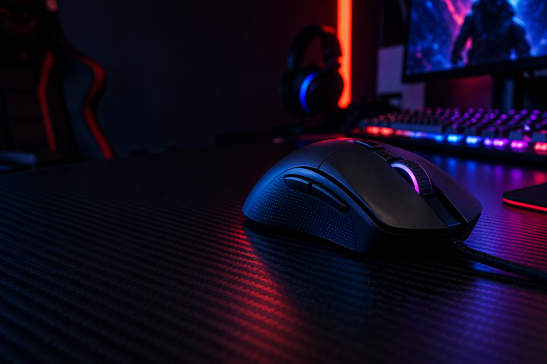 An unbranded gaming mouse on a carbon-fiber desk, with its scroll wheel and thumb buttons visible under neon lighting.