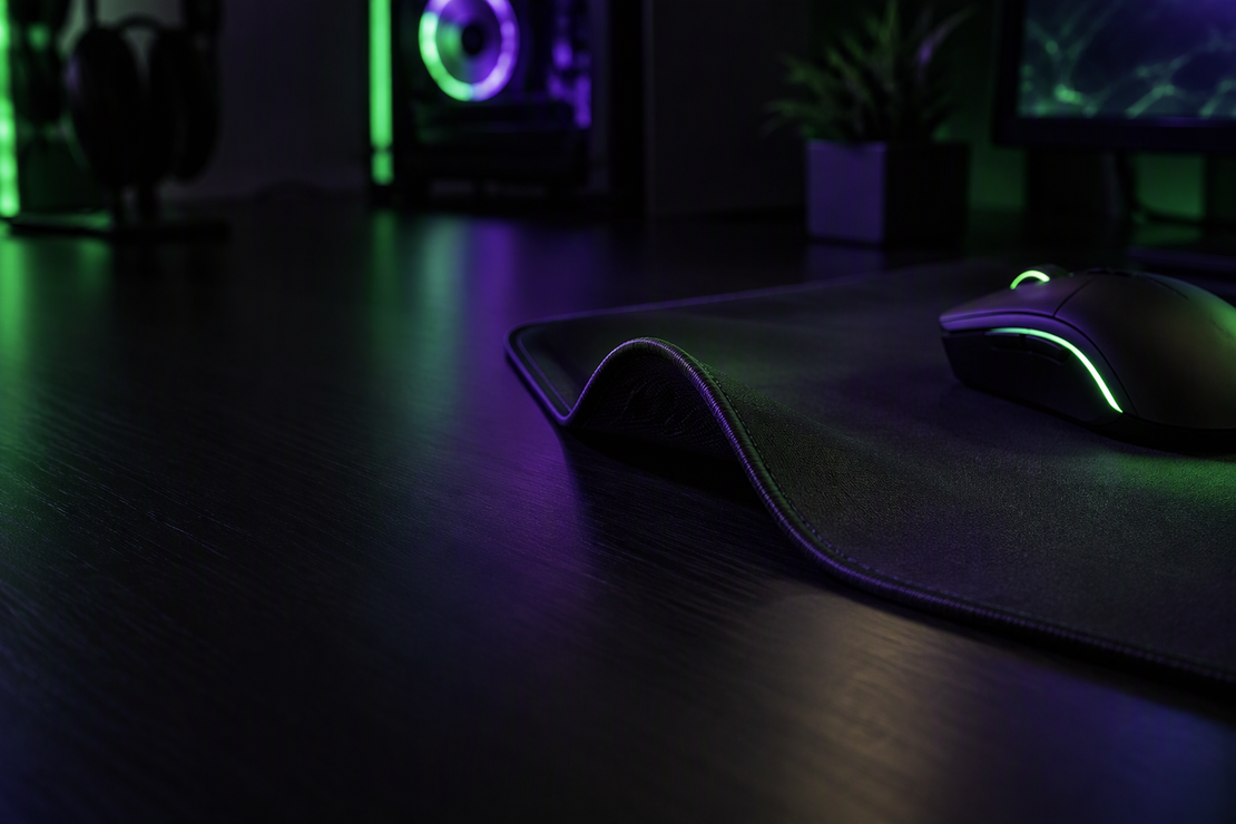 Gaming mousepad with one curled edge on a dark desk