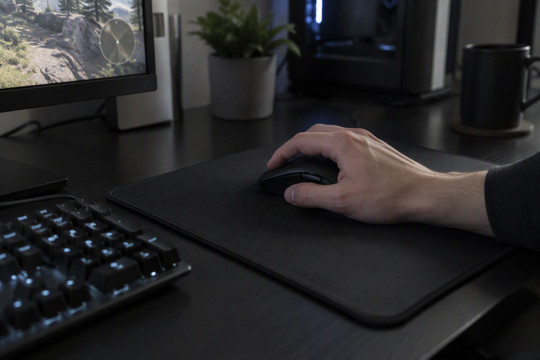 A hand moves a gaming mouse across a mousepad on a dark gaming desk.