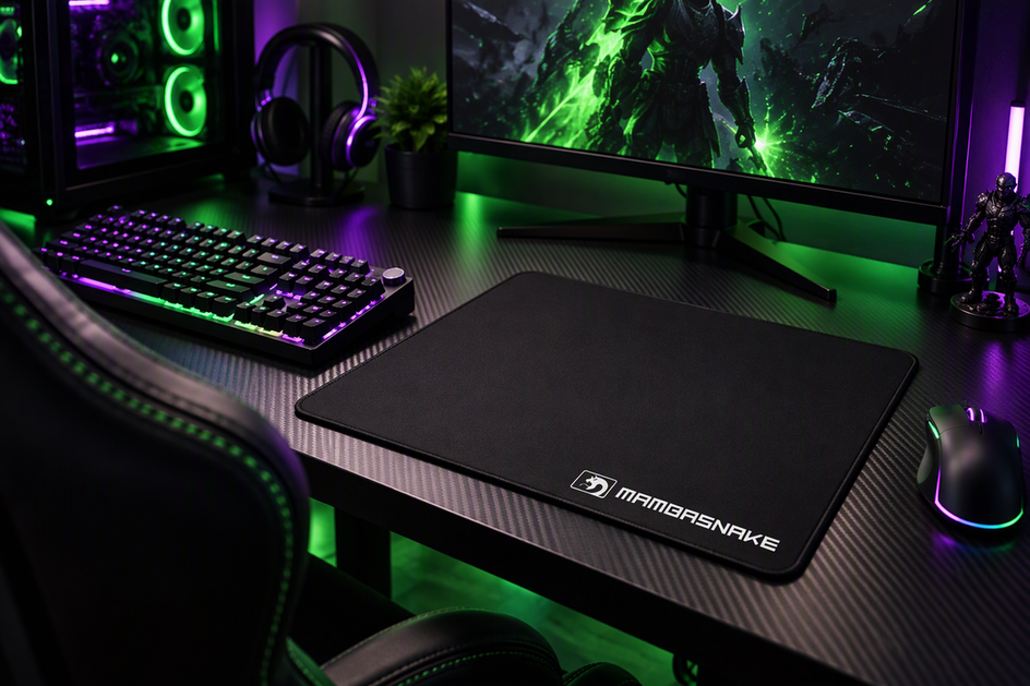 Black textured gaming mousepad on a carbon-fiber desk in a dark esports room with vivid green and purple RGB lighting.