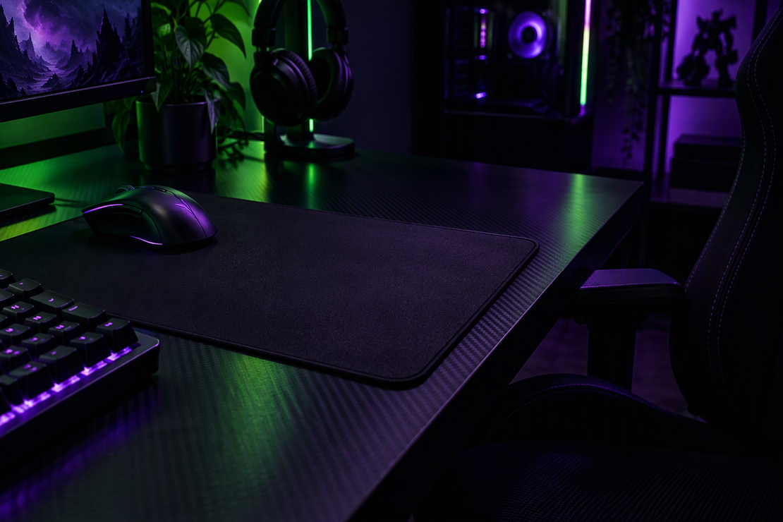 Unbranded mousepad lying flat on a gaming desk, with its raised surface visible above the bare desktop at the edge.
