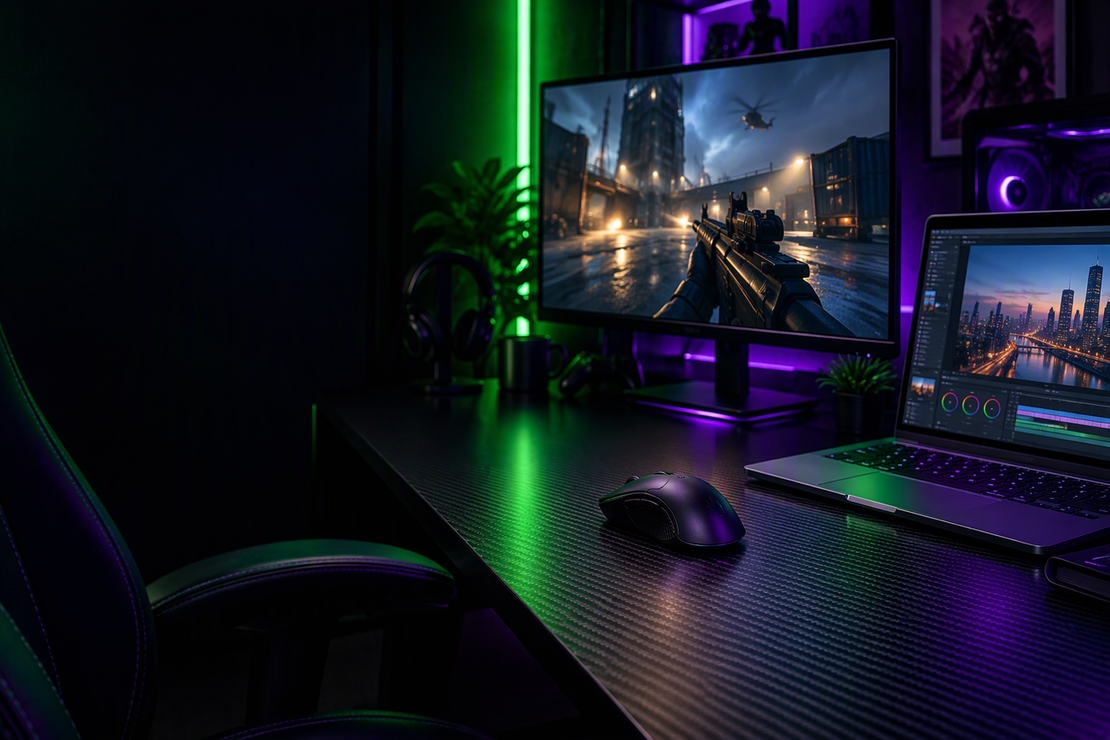 An unbranded gaming mouse on a carbon-fiber desk between a gaming display and a laptop, with dark negative space at left