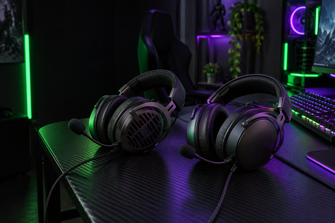 A vented-shell gaming headset and a solid-shell gaming headset rest side by side on a carbon-fiber gaming desk.