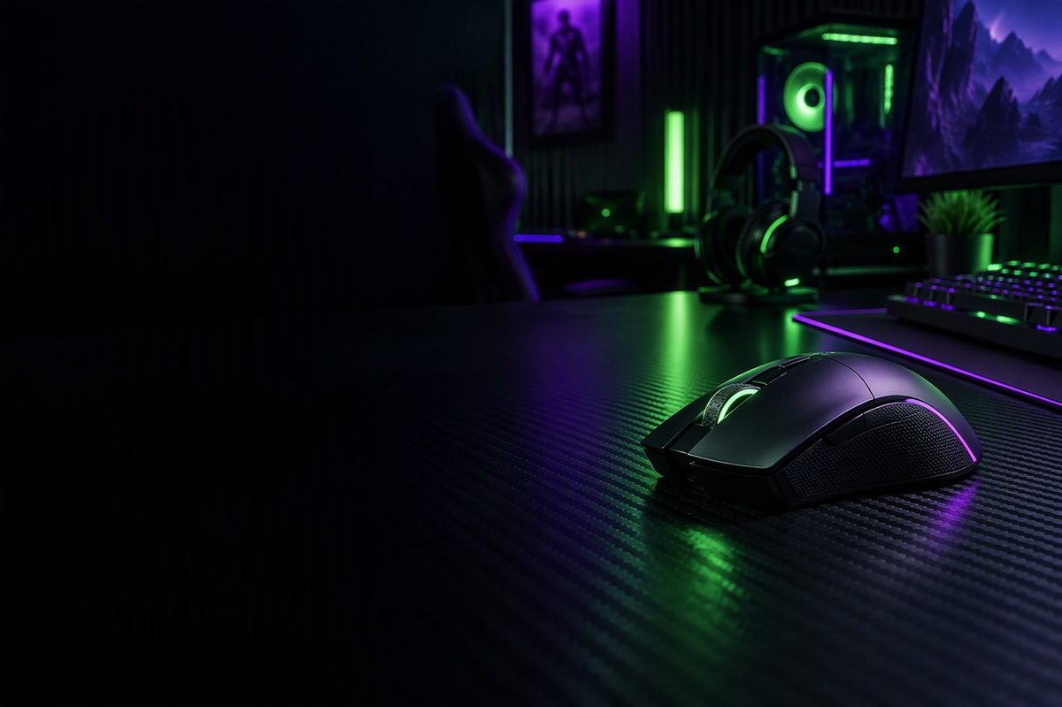 Unbranded gaming mouse on a carbon-fiber desk in a dark esports room lit with neon green and purple RGB accents.