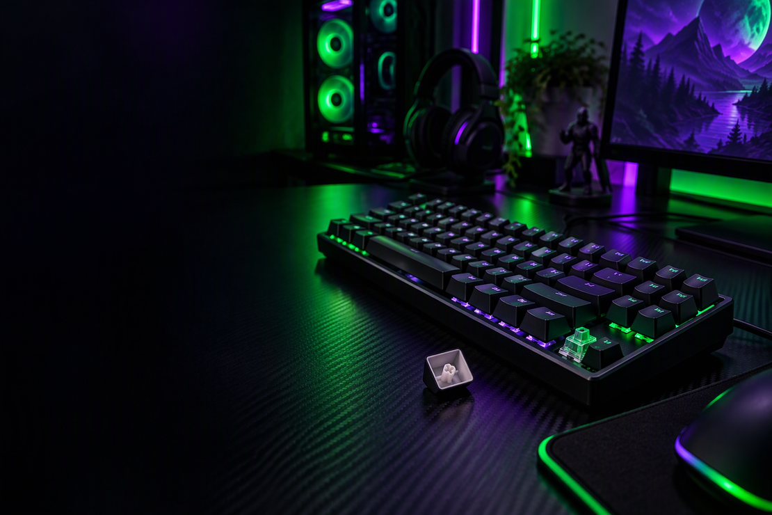 Unbranded mechanical keyboard on a carbon-fiber desk with one removed keycap turned underside-up beside it, leaving dark space on the left.