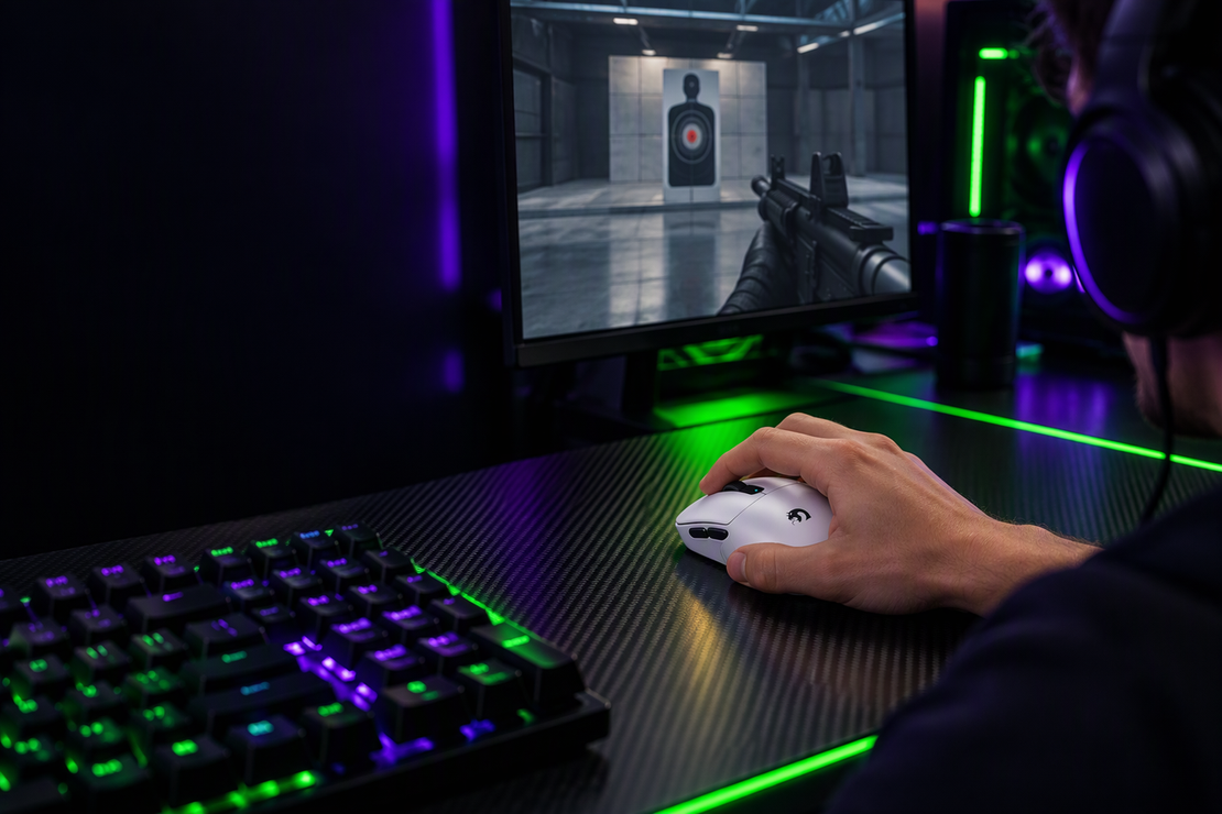 A gamer aims at a practice target with a white wireless gaming mouse in a dark neon-lit esports setup; the left side is left dark for the headline.