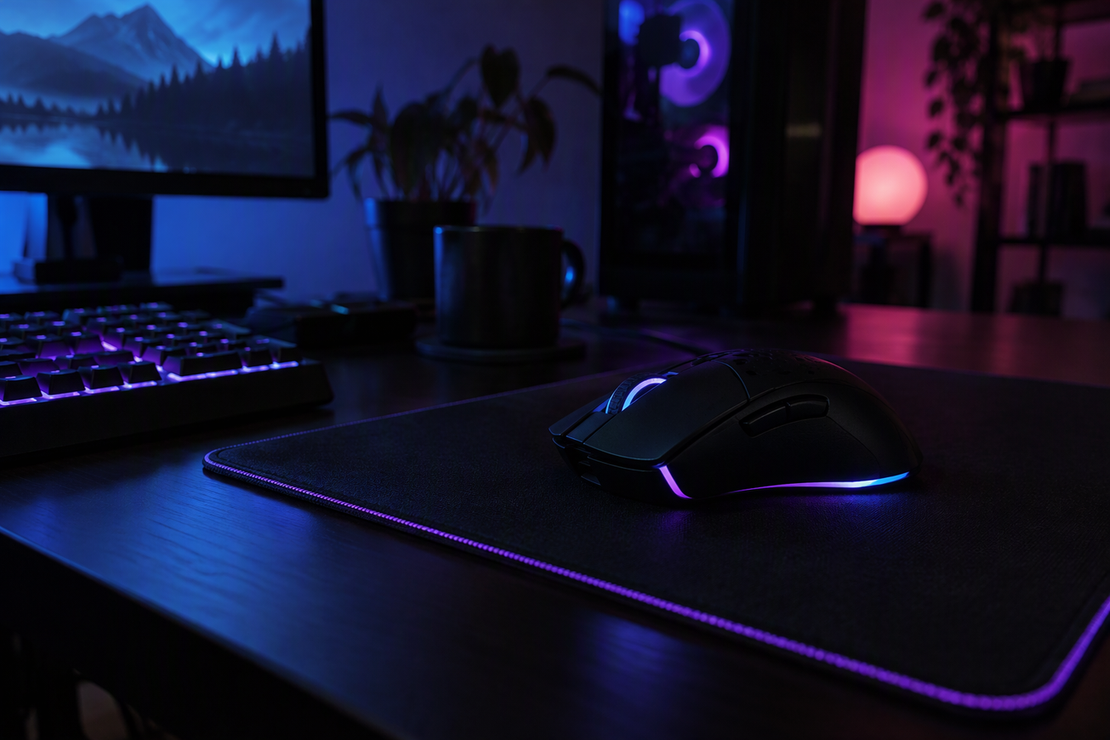 Gaming mouse resting on a mouse pad in a dark, RGB-lit gaming setup.