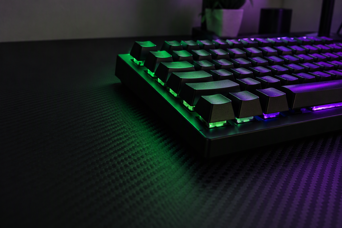 Sculpted keycap rows on a gaming keyboard, seen from the side