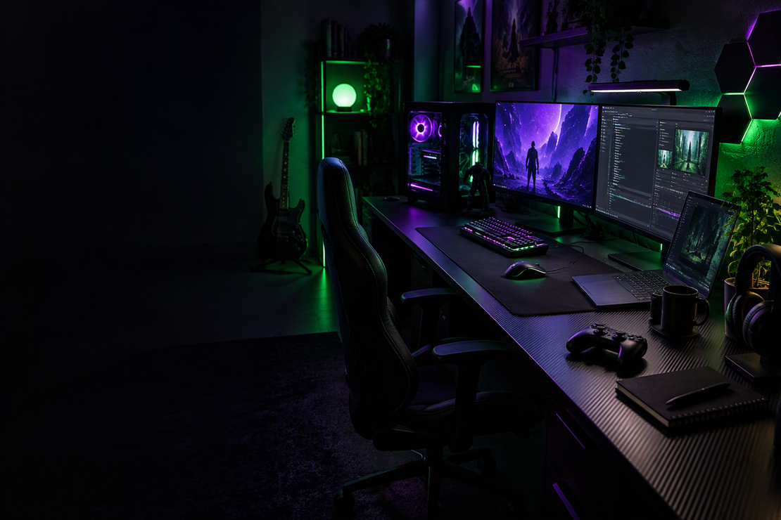 A shared gaming and study desk with an unbranded mousepad among a laptop, notebook, keyboard, and mouse under green and purple RGB lighting.