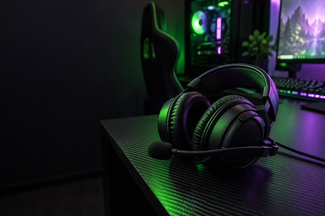 Over-ear gaming headset resting on a desk in a neon-lit gaming setup.
