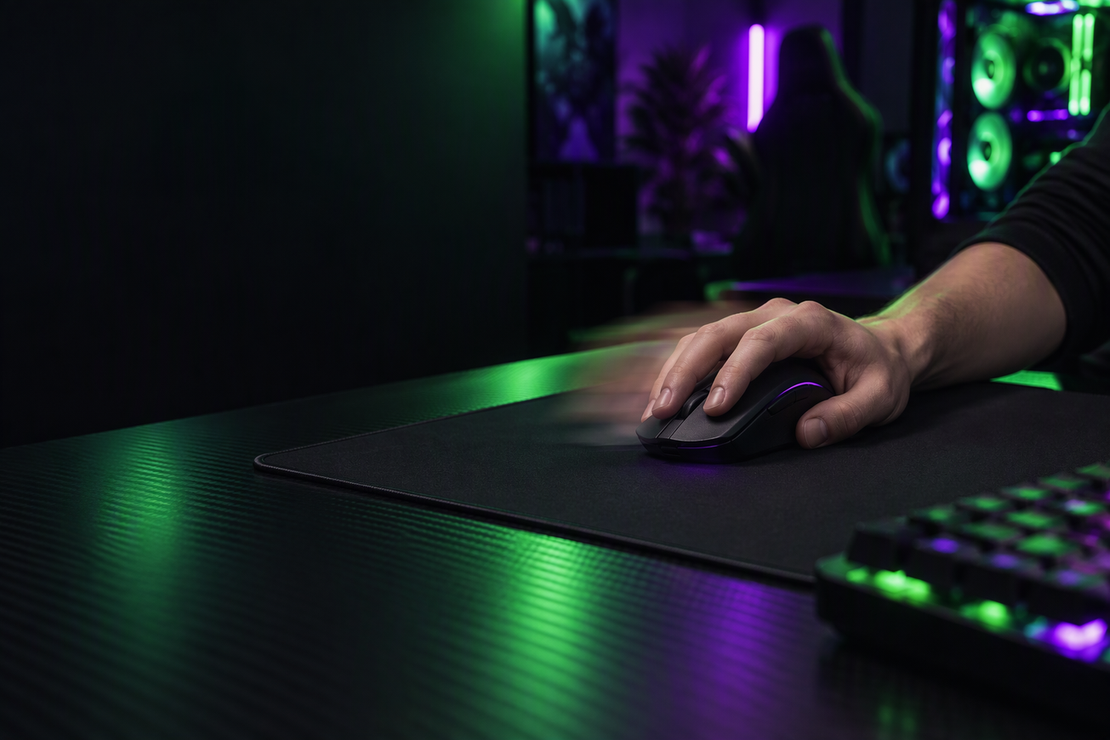 A player moves a gaming mouse across a mousepad in a dark RGB-lit gaming setup.