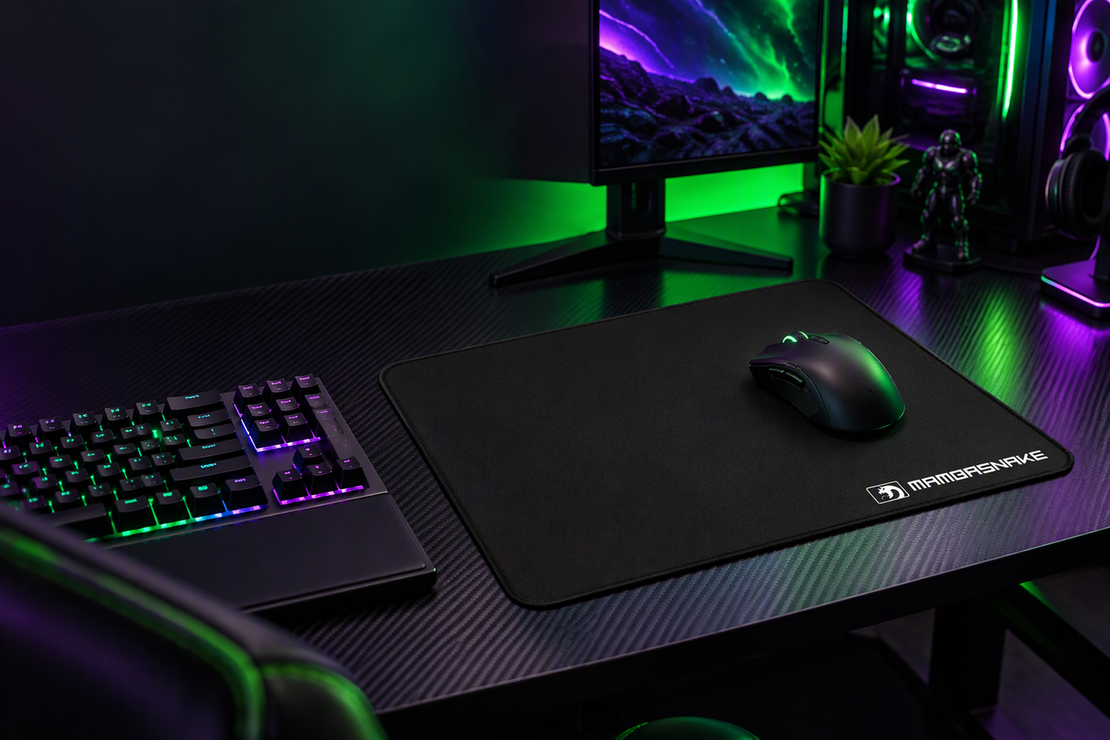 Black stitched-edge gaming mousepad in a dark RGB-lit gaming setup