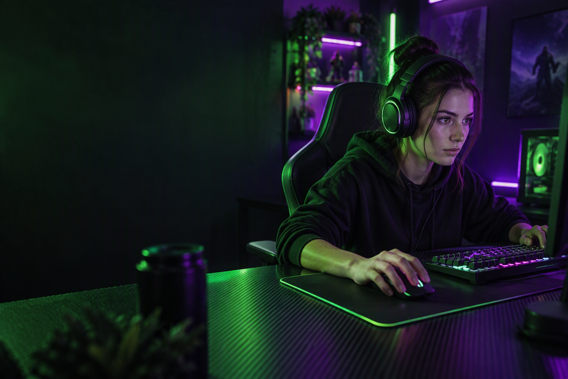 Gamer using a mouse and keyboard at a carbon-fiber desk in a dark, neon-lit tactical FPS setup.