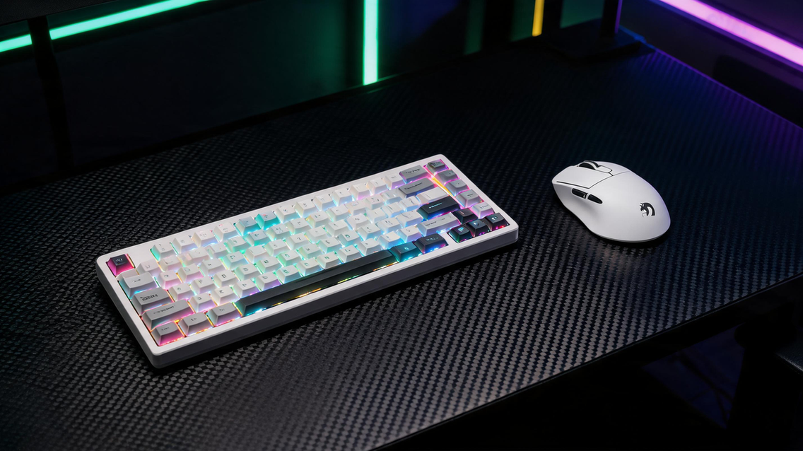 MAMBASNAKE M3 mouse and M82 HE keyboard bundle arranged on a carbon-fiber gaming desk with vivid RGB lighting