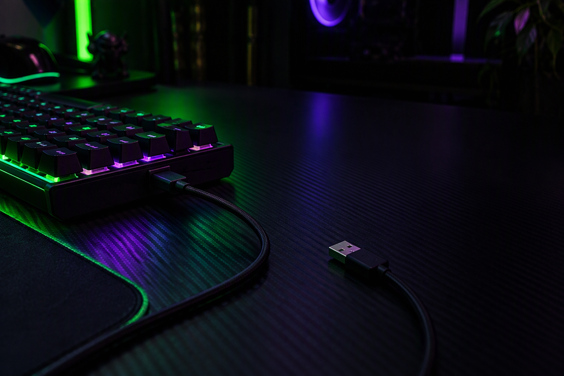 Gaming keyboard with a USB-C cable connected at the keyboard and its USB-A host plug loose on the desk