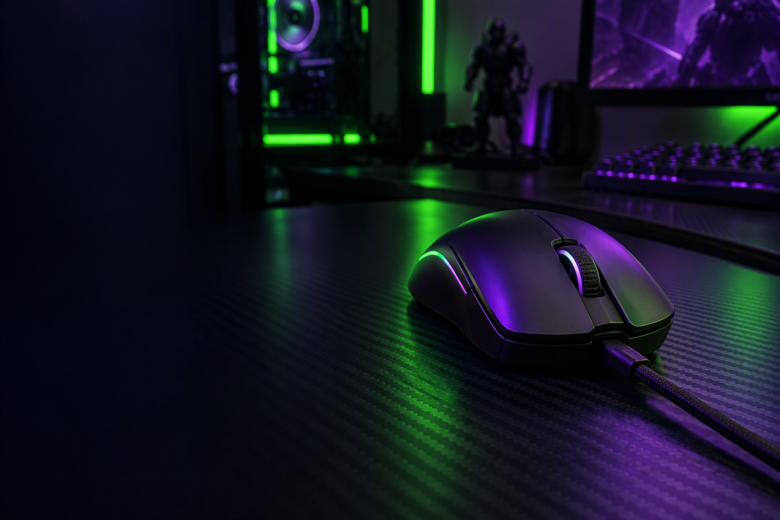 An unbranded wireless gaming mouse rests connected to a charging cable on a carbon-fiber desk in a neon-lit gaming setup.