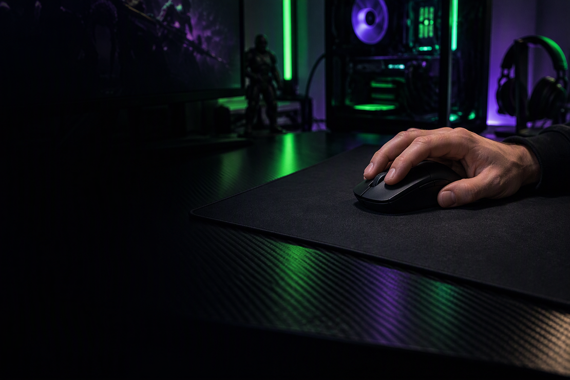 A hand moves an unbranded gaming mouse across a mouse pad on a dark carbon-fiber desk.