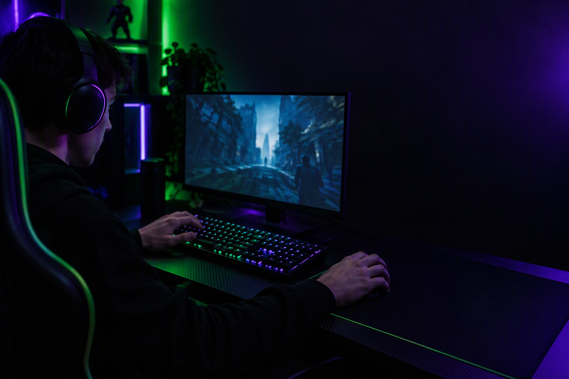 A player using a gaming keyboard at a dark RGB-lit desk.
