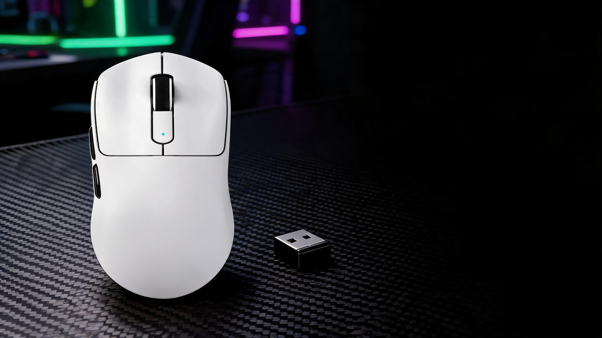 White lightweight gaming mouse on a carbon-fiber desk in a dark RGB-lit gaming setup, with open space for the article title